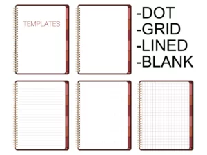 5 goodnotes notebook pages with hyperlinked tabs and the words "dot, grid, lined, and blank"