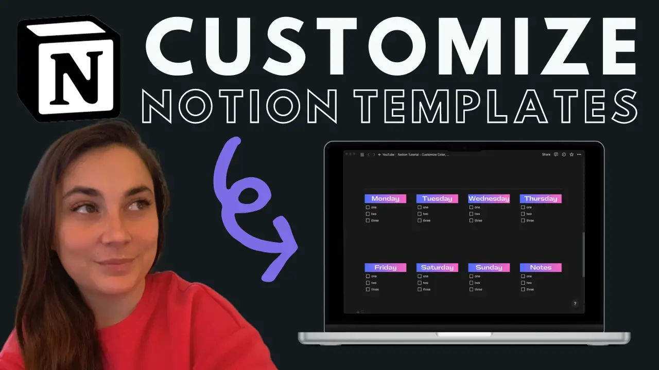 the Notion icon with the words "Customize Notion templates" and a woman next to a laptop with the Notion app open