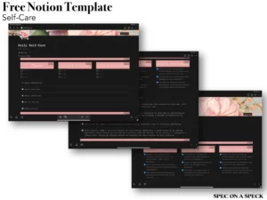 3 photos of a notion template self care template with to-do checklist and pink headers