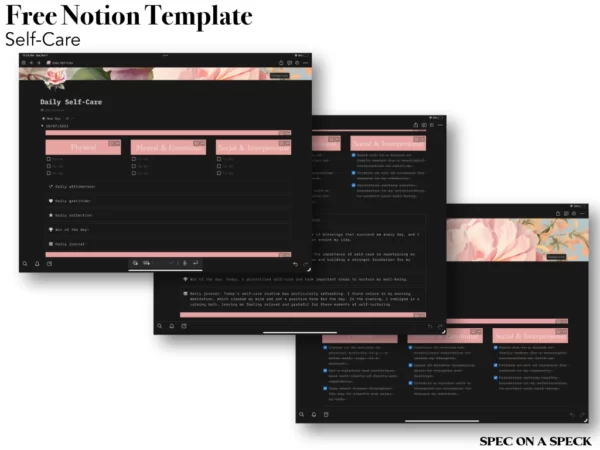 3 photos of a notion template self care template with to-do checklist and pink headers
