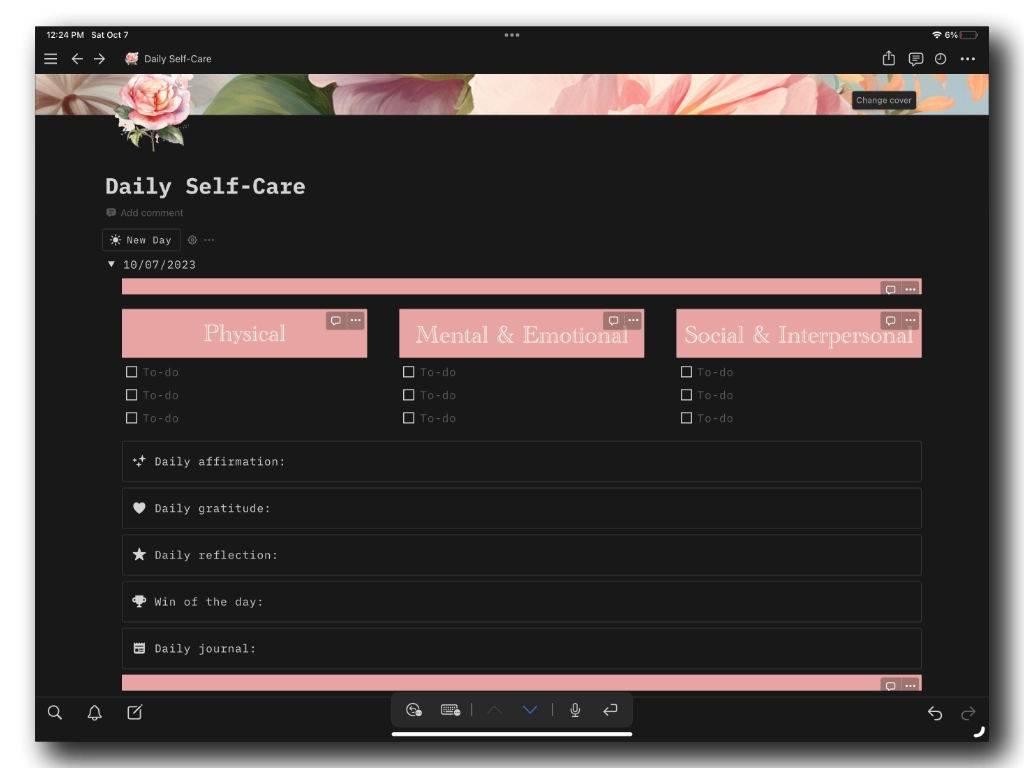 view of the self-care Notion template not filled out yet