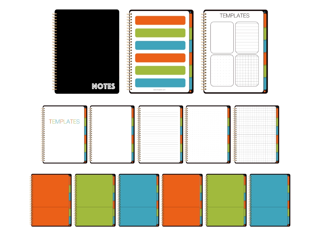 Goodnotes Notebook with black cover and orange, green, and blu dividers pages