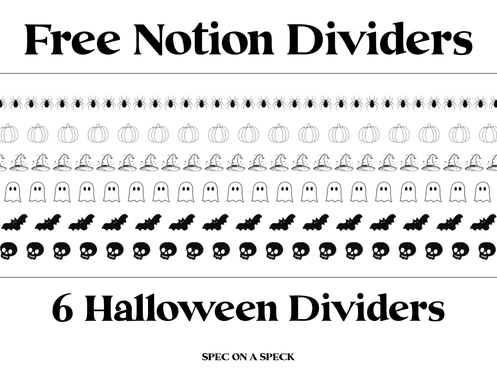free Halloween Notion Dividers with spiders, pumpkins, witch hats, ghosts, bats, and skulls