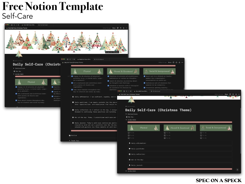 free notion self-care template with retro Christmas trees, a checklist, and journaling prompts