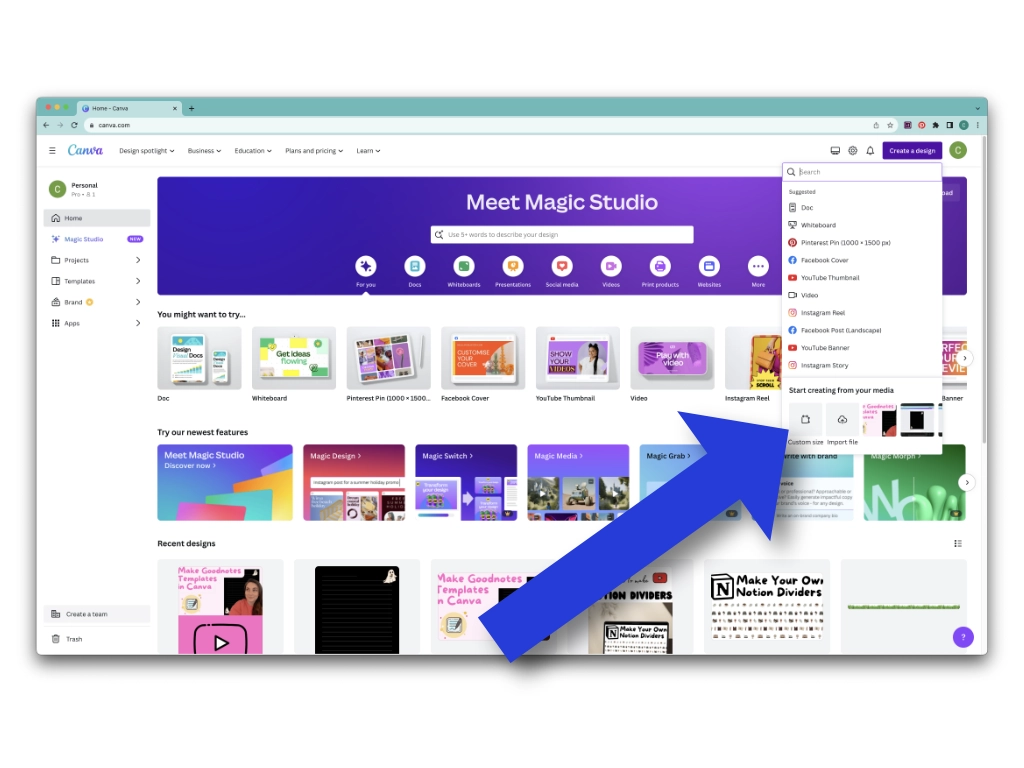 an arrow pointing to "custom size" on the canva website