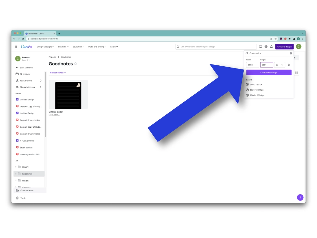 an arrow pointing to the size of a canvas for the goodnotes templates