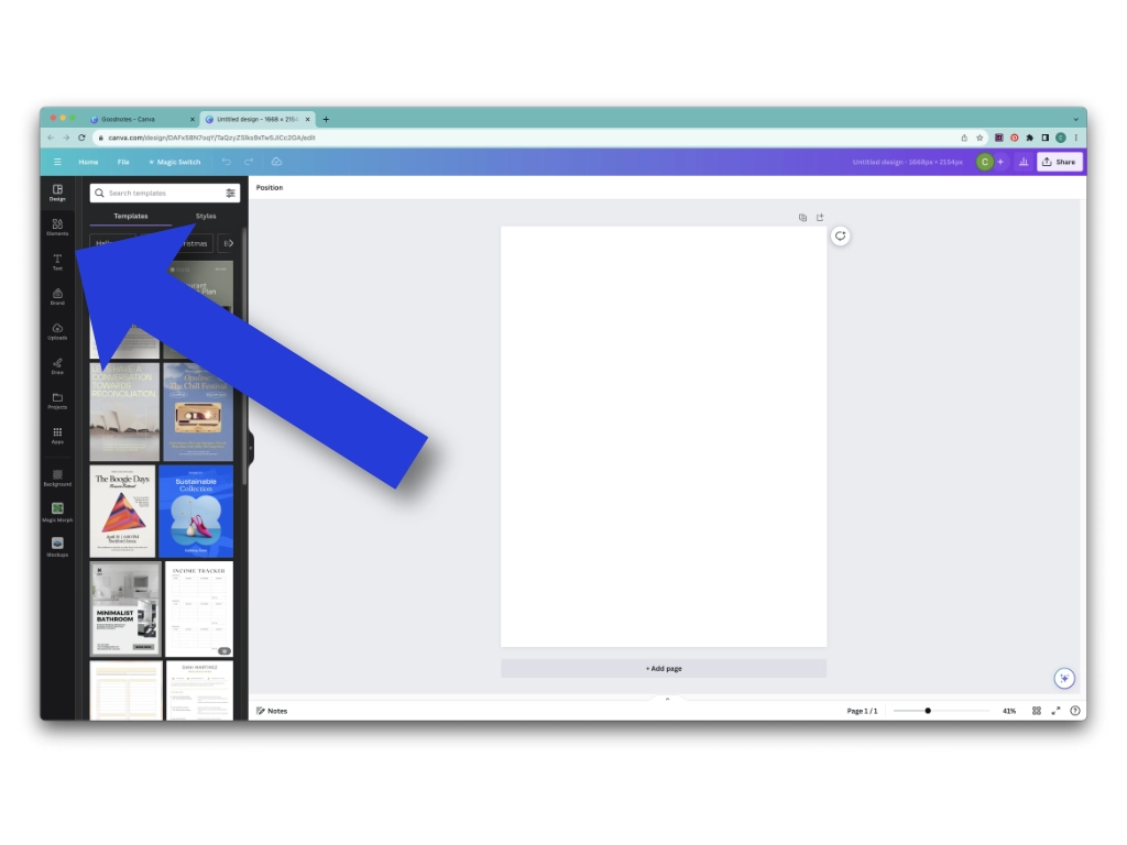 an arrow pointing to the elements section of canva and a blank canvas to make goodnotes templates