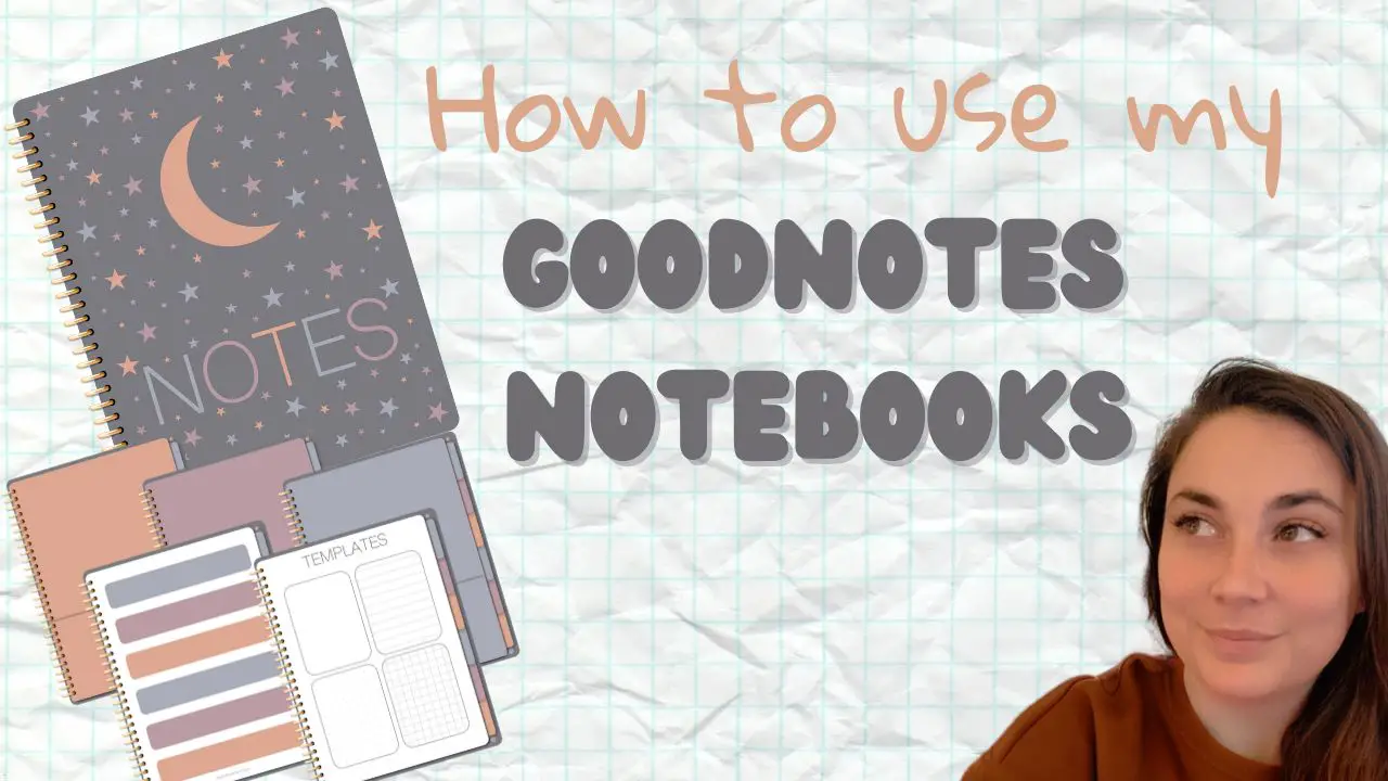 a goodnotes notebook with a lady looking at text that says "how to use my Goodnotes notebooks"