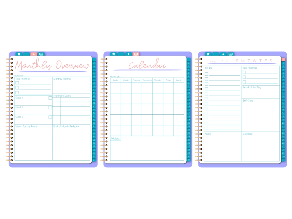 3 digital planner pages, one with daily prompts, one with a monthly overview, and one with a calendar