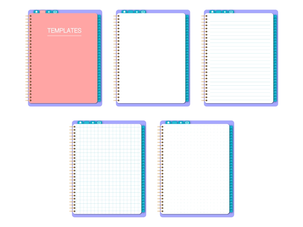 five digital planner templates with blank, lined, dotted, and grid