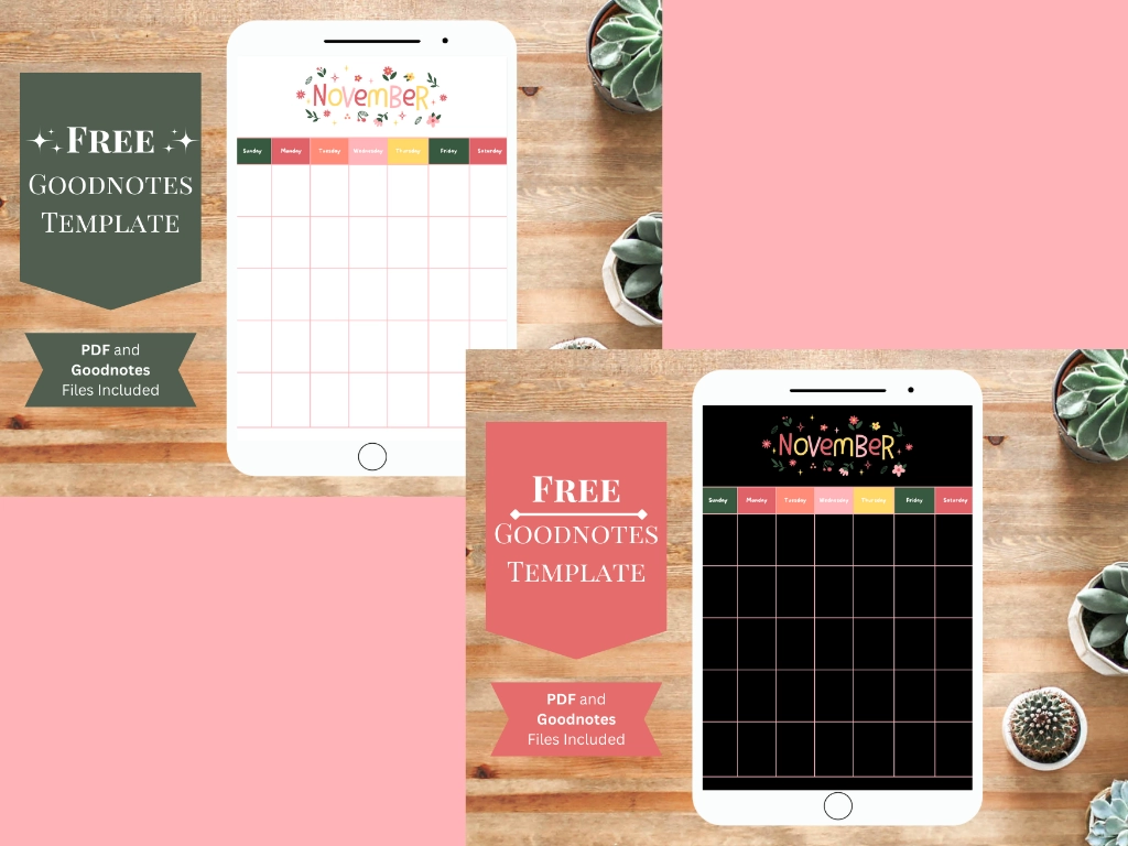 November goodnotes freebies goodnotes templates on tablets on a pink background