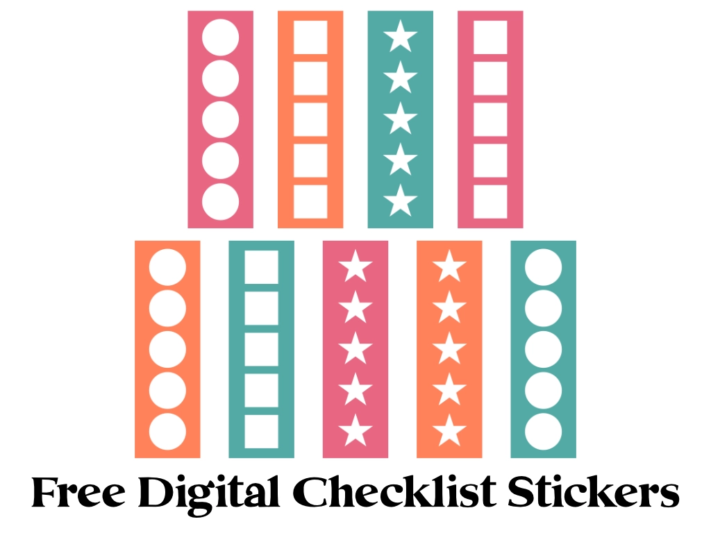 free digital checklist stickers in pink, orange and teal with circles, stars, and squares