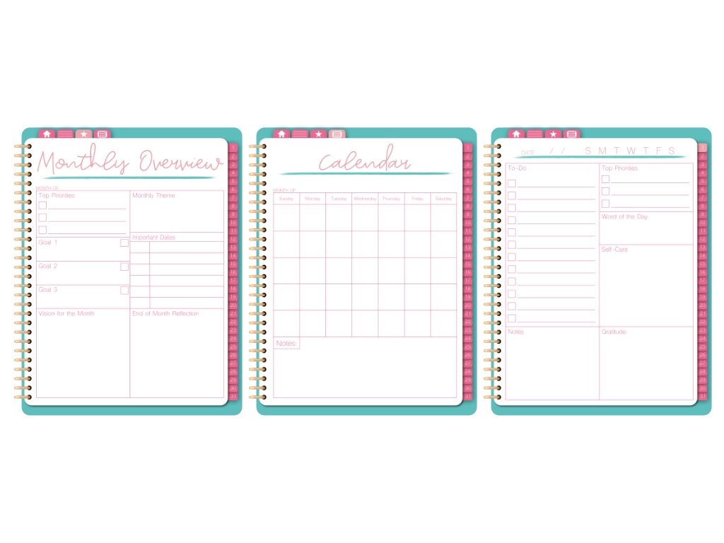 3 digital planner pages, one digital planner monthly page, one daily, and one calendar template