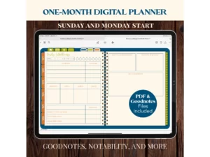 one month daily digital planner with blue, green, and orange colors