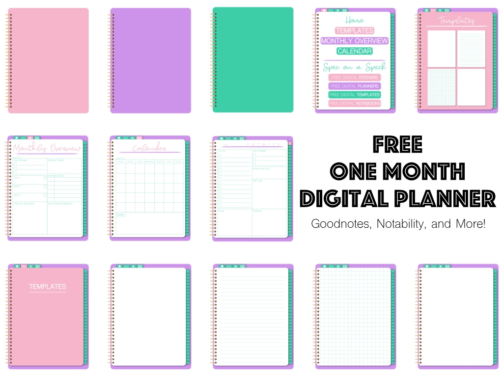 digital planner for iPad with pink, purple, and green covers and the words "free one month digital planner"