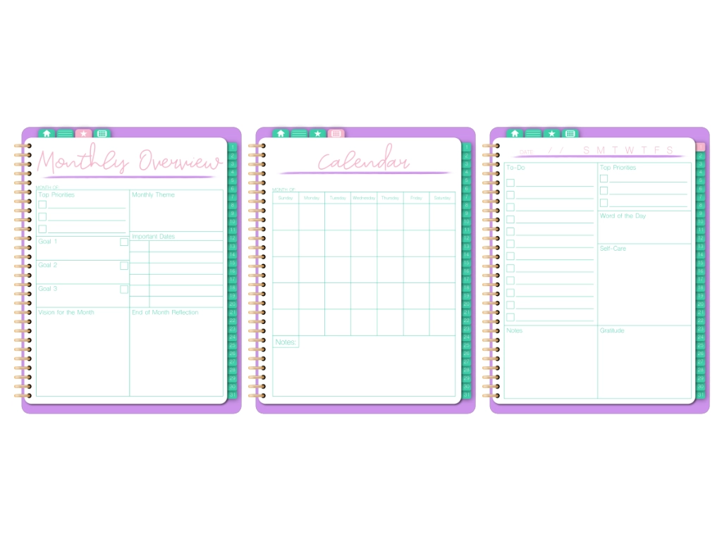 3 digital planner for iPad pages, one monthly template, one calendar template, and one daily template in purple, pink, green, and white