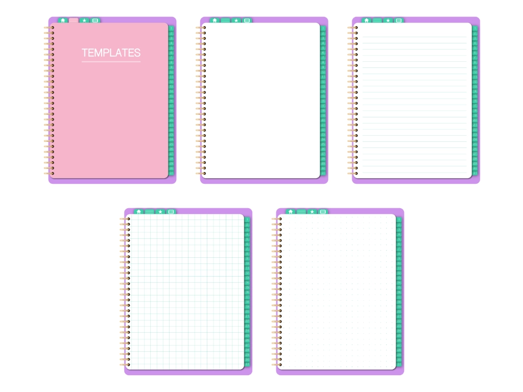 5 digital planner for iPad pages, one pink page that says templates, one blank template, one lined, one dotted, and one graph digital planner template
