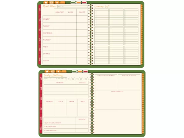 meal planner digital planner and self-care digital planner pages in red, green and orange color combo