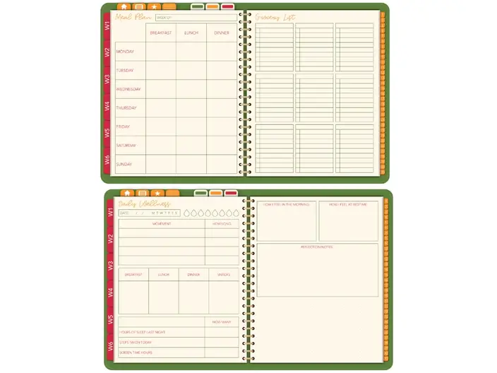 meal planner digital planner and self-care digital planner pages in red, green and orange color combo