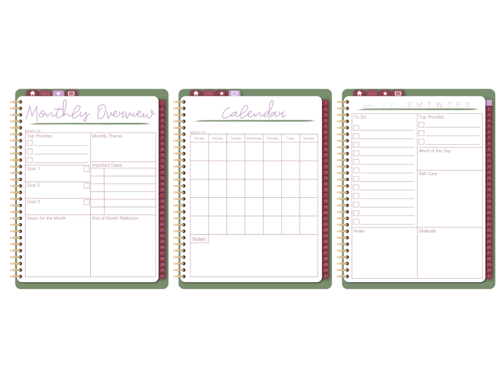 3 digital planner templates for a digital planner, one monthly overview, one calendar, one daily page.