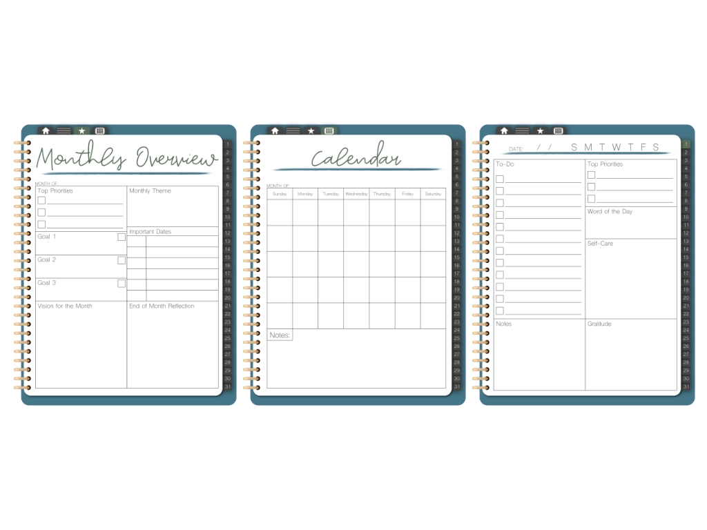 3 digital planner pages with calendar page, monthly page, and daily digital planner page