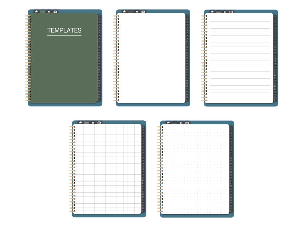 goodnotes and digital planner templates, one blank, one grid, one lined, and one dotted