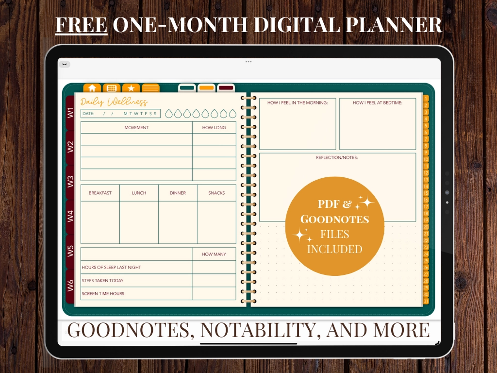 digital planner free on a tablet showing the goodnotes template wellness template on a wood background