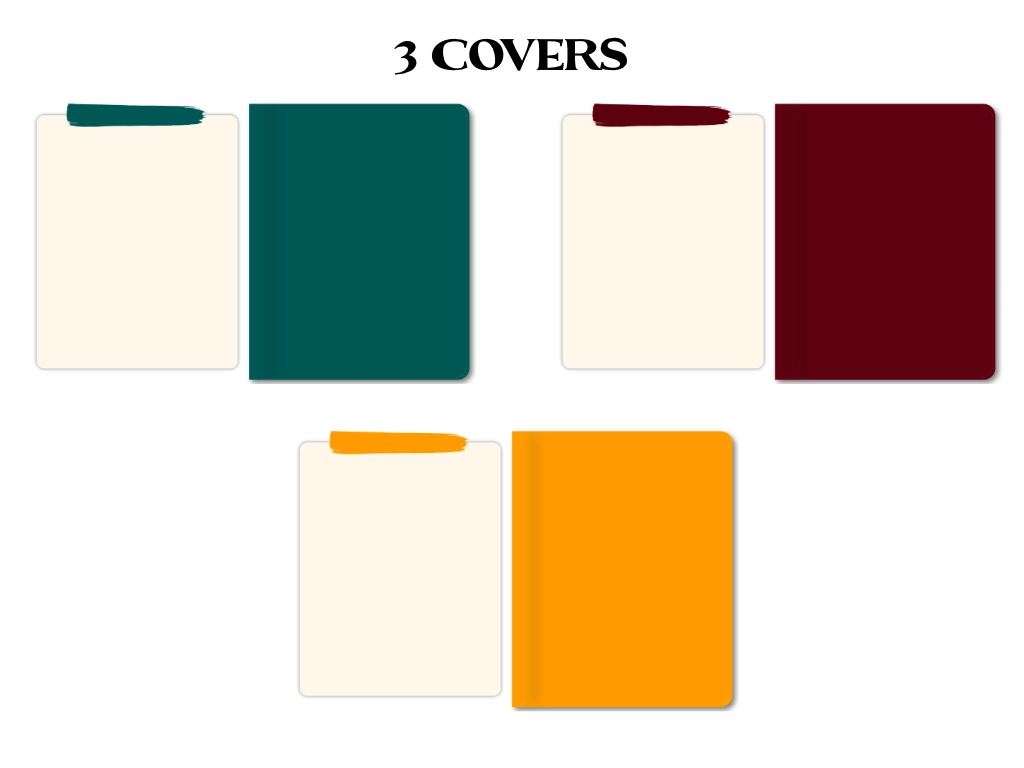 3 digital planner covers, one in green, one yellow, and one dark red
