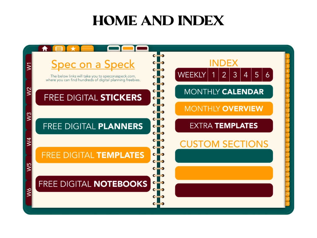 A home and index page of a digital planner free showing all of the extra templates and hyperlinks that can be found