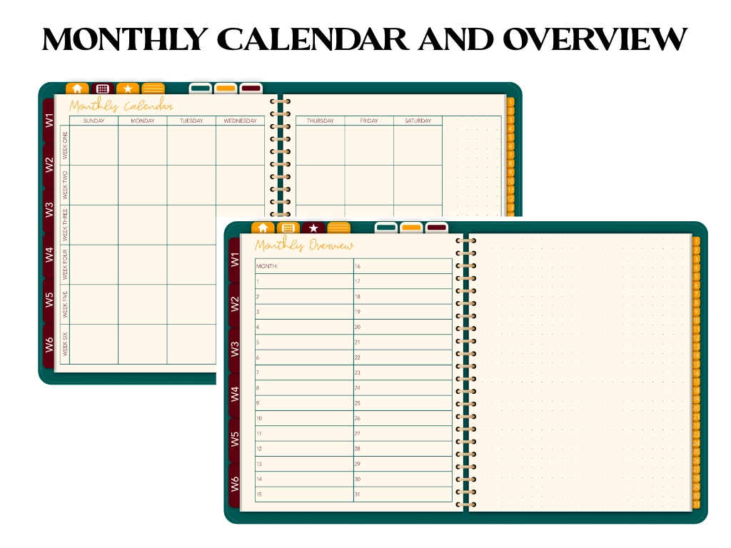 a monthly calendar and a monthly overview page of a digital planner for goodnotes and notability