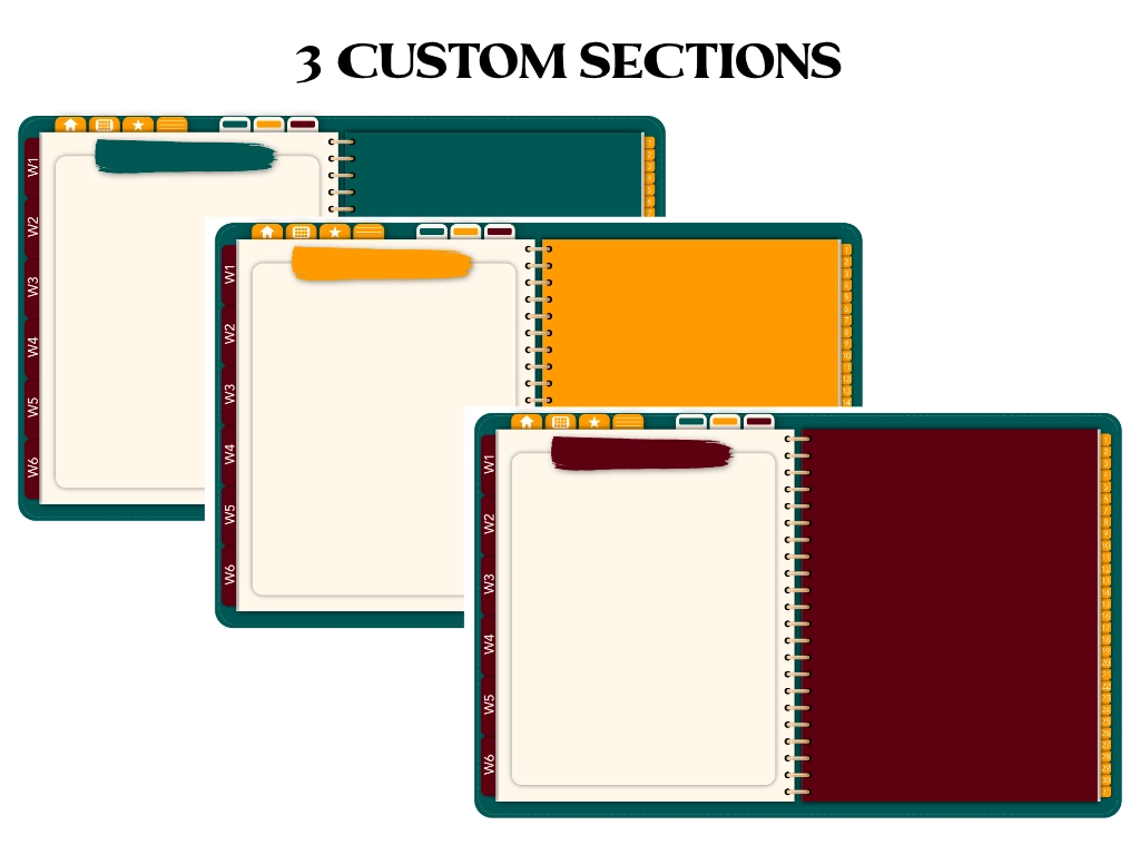 three custom sections of a digital planner with a notes page