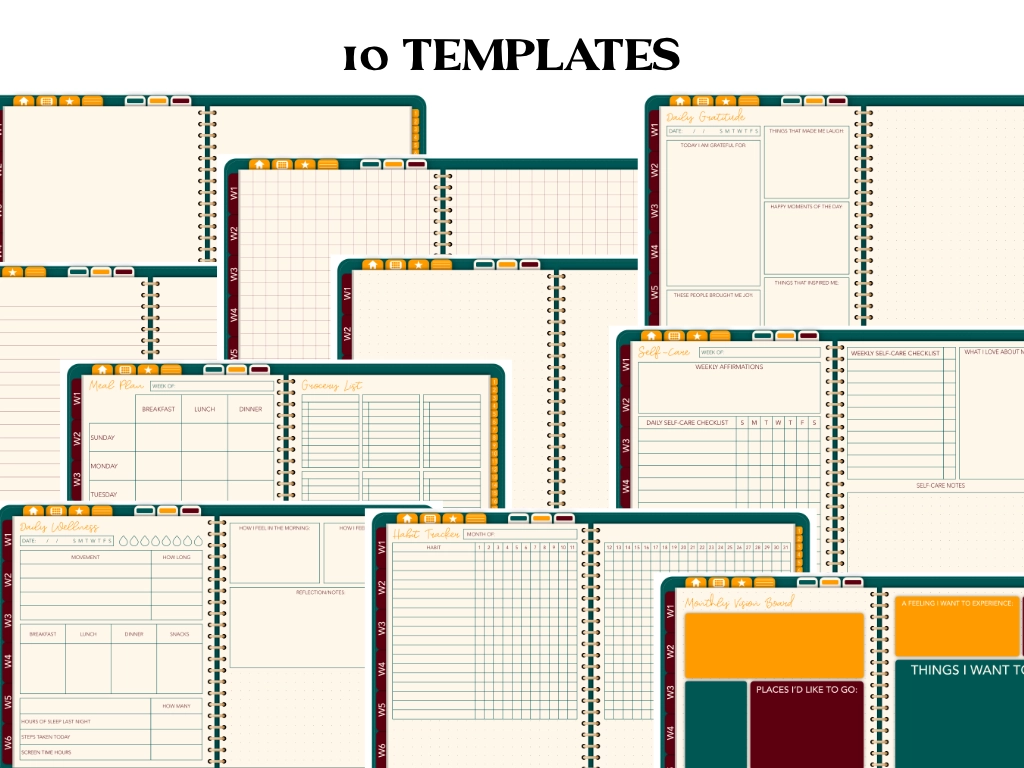 the words "10 templates" and the templates of a digital planner