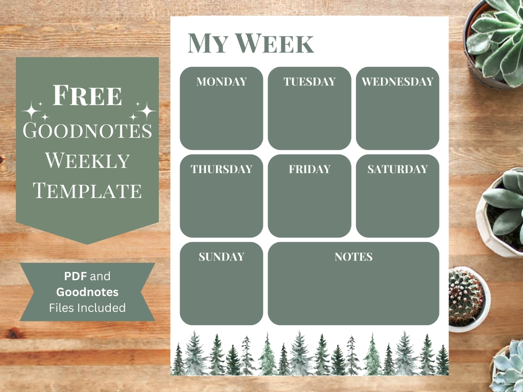 white light mode goodnotes weekly template with green trees on the bottom