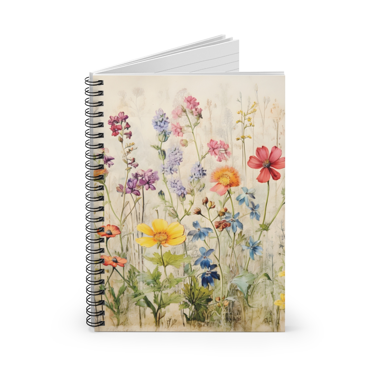 a wildflower spiral notebook open part ways to show some lined paper