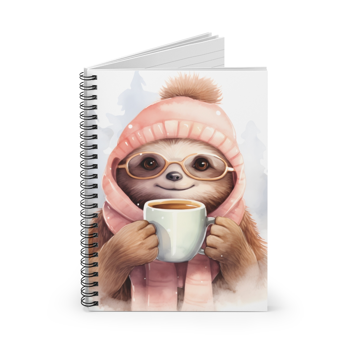 spiral sloth notebook open showing lined ruled paper