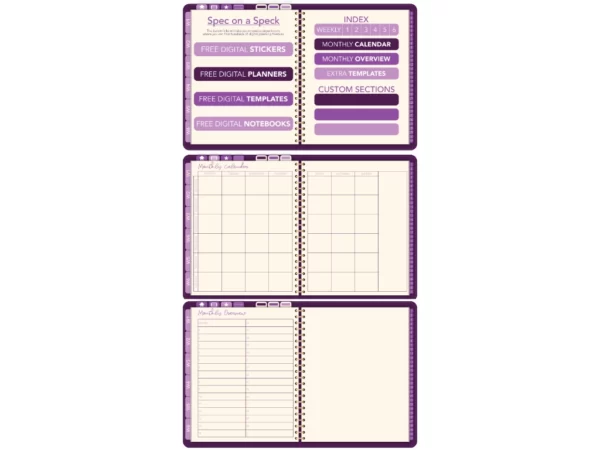 an index page, a month page, and a monthly overview in a digital planners