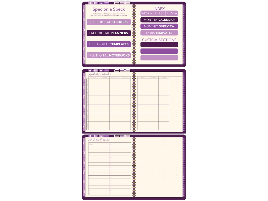 an index page, a month page, and a monthly overview in a digital planners