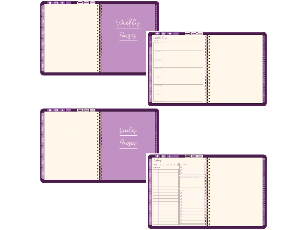 purple digital planner pages for weekly and daily templates