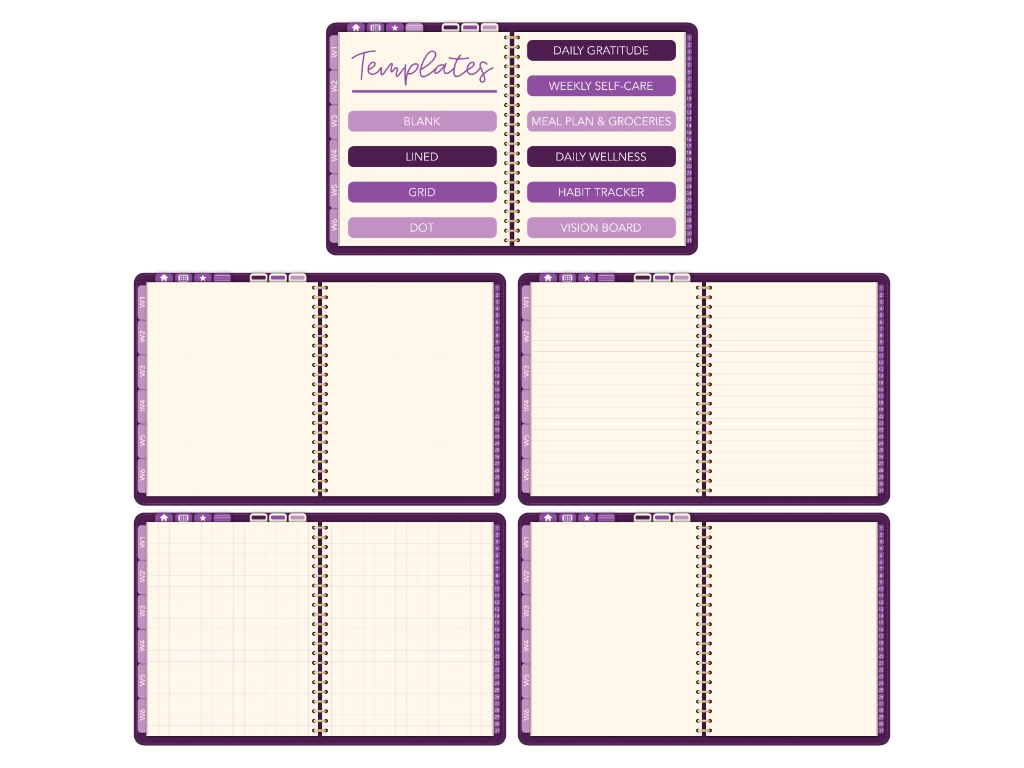 templates index with dotted, lined, grid, and blank digital planner templates